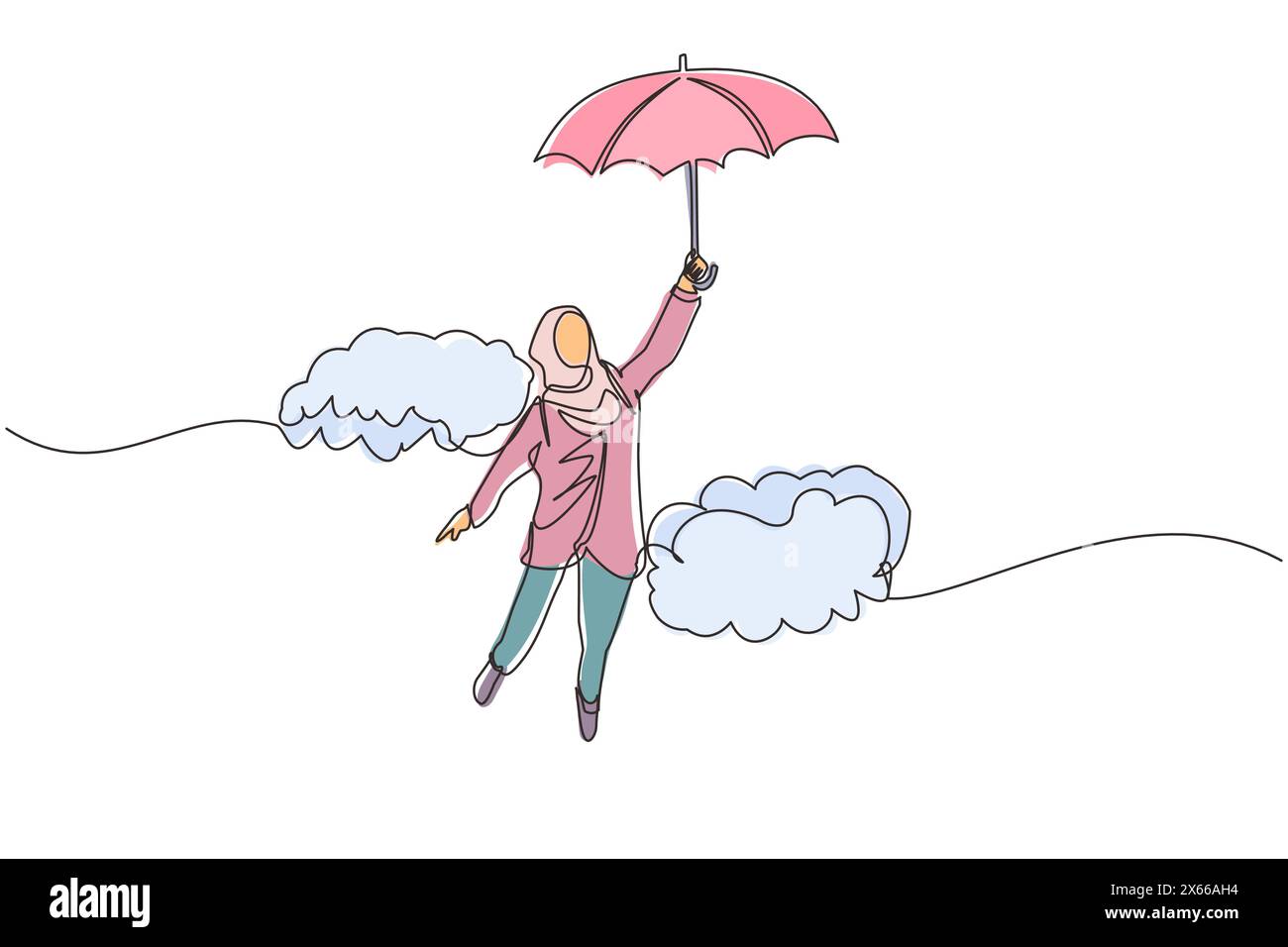 Une seule ligne continue dessinant une heureuse riche femme d'affaires arabe volant avec son parapluie tenant mallette. Les employés de bureau deviennent indépendants sur le plan financier Illustration de Vecteur