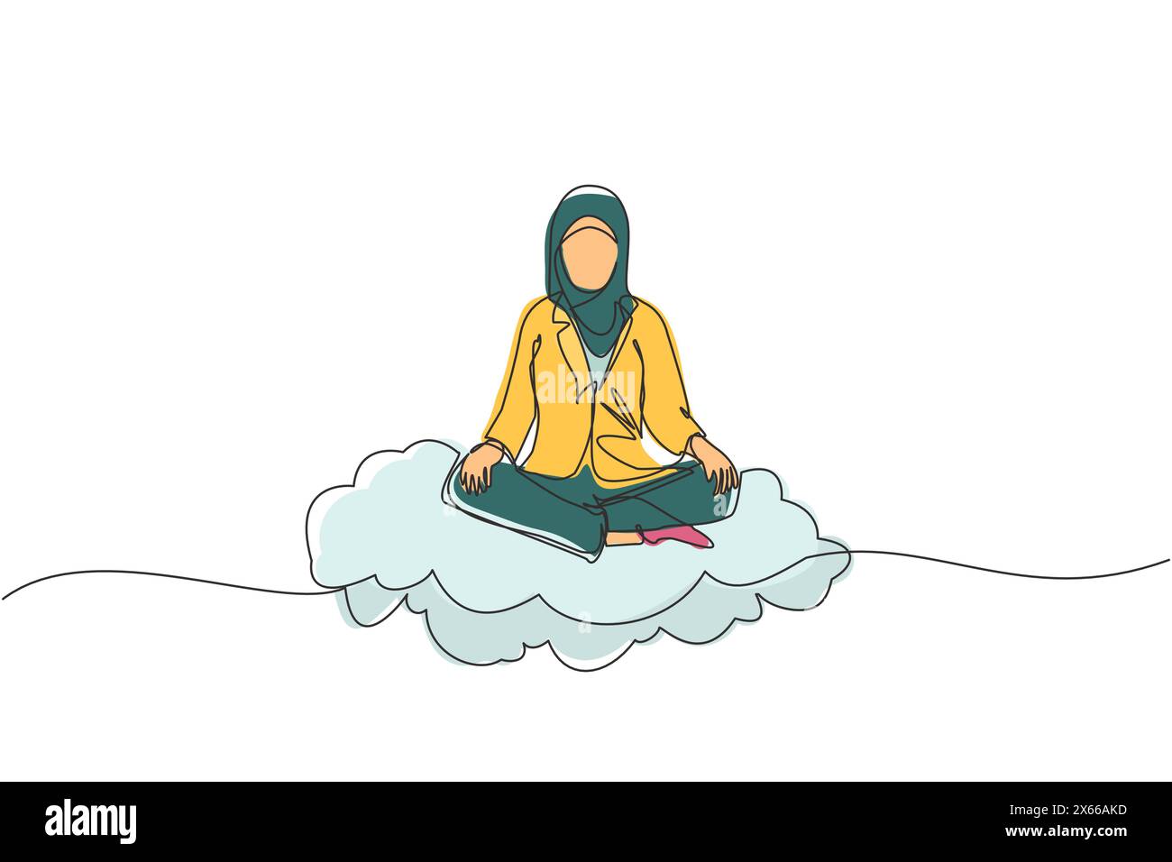 Continue d'une ligne dessinant femme d'affaires arabe se détend, médite en position de lotus sur les nuages. Femme mignonne se relaxant avec la pose de yoga ou de méditation. Si Illustration de Vecteur