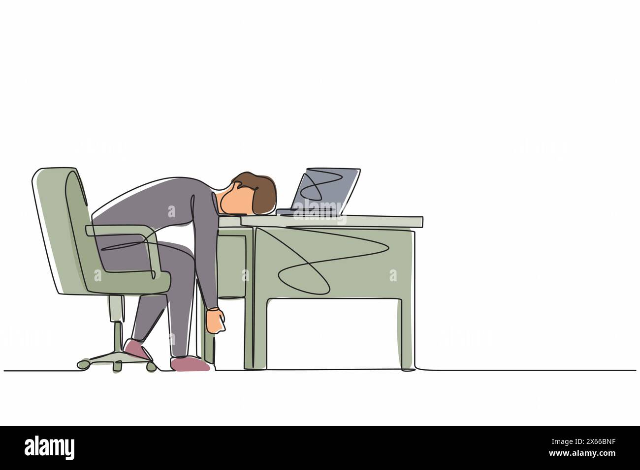 Syndrome d'épuisement professionnel à une ligne en continu. Épuisé malade fatigué gestionnaire masculin dans le bureau triste ennuyeux assis la tête en bas sur l'ordinateur portable. Si Illustration de Vecteur