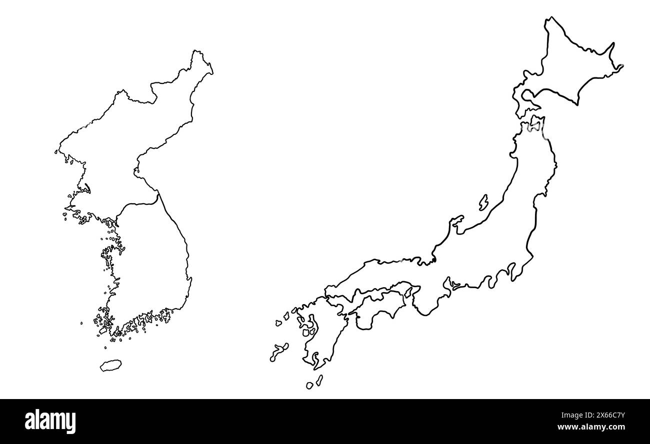 Dessin de contour du Japon et de la Corée. Illustration cartographique des pays d'Asie de l'est. Banque D'Images