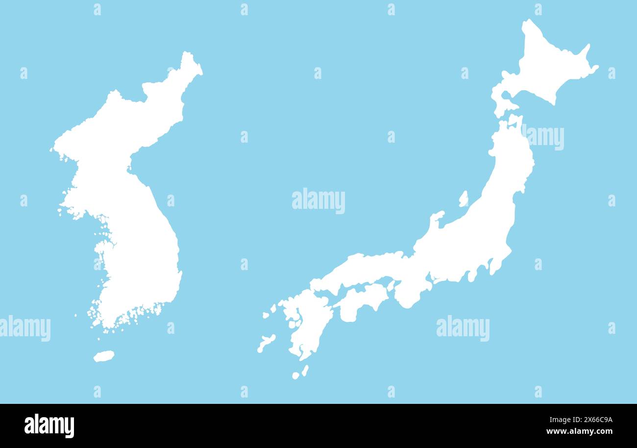 Dessin de silhouette blanche du Japon et de la Corée. Illustration cartographique des pays d'Asie de l'est. Banque D'Images