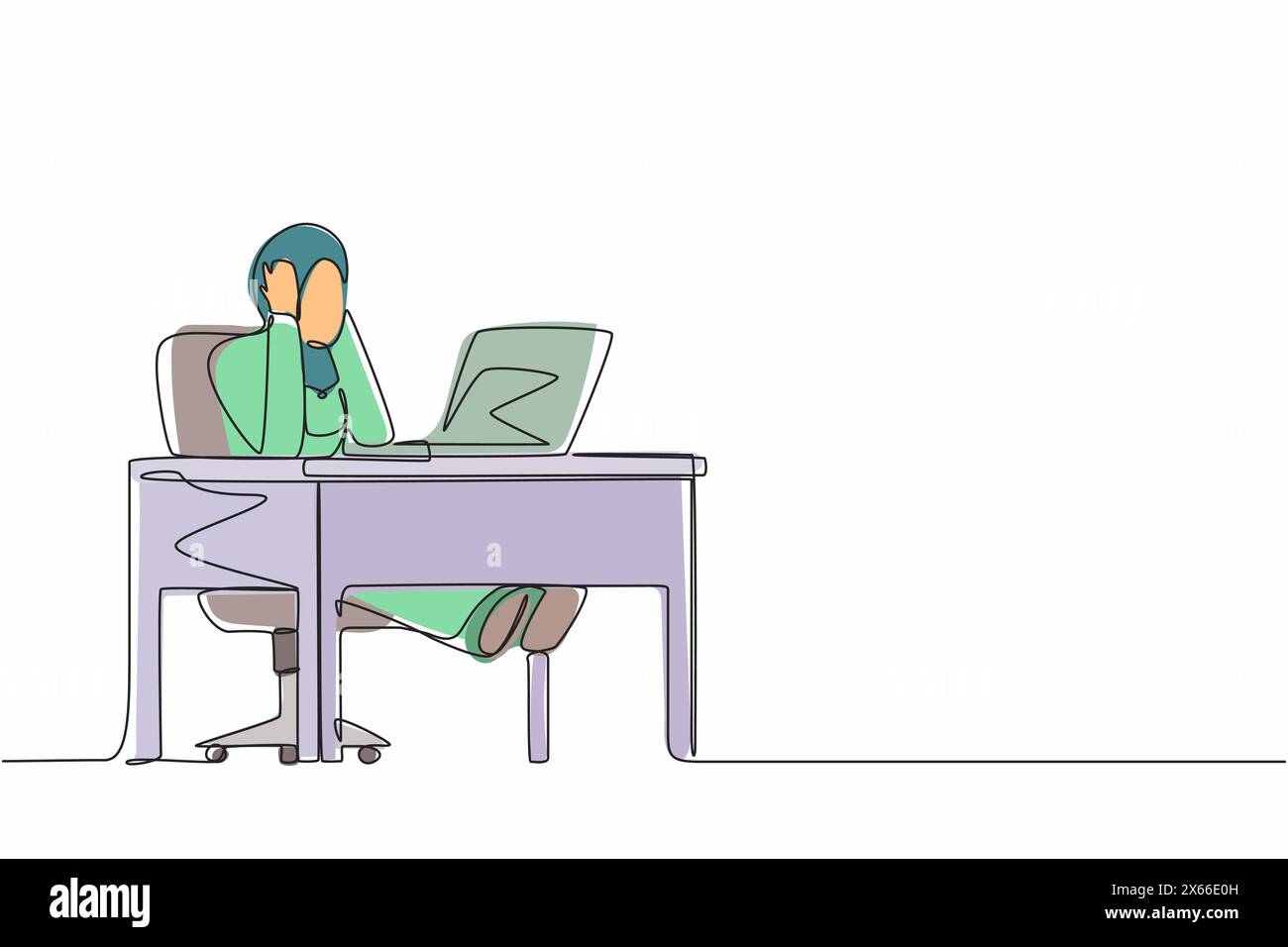 Ligne continue unique dessinant une femme fatiguée employée de bureau. Femme arabe travailler à l'ordinateur portable se sentant mal. Tenez sa tête. Mal de tête malade, épuisé, stressé Illustration de Vecteur