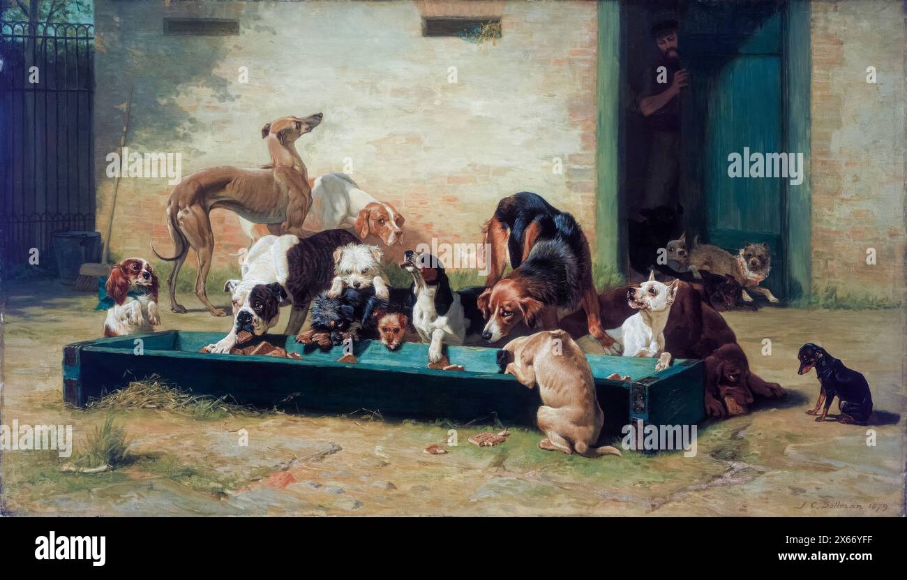 Peinture de John Charles Dollman, table d'hôte à une maison de chiens, huile sur toile, 1879 Banque D'Images