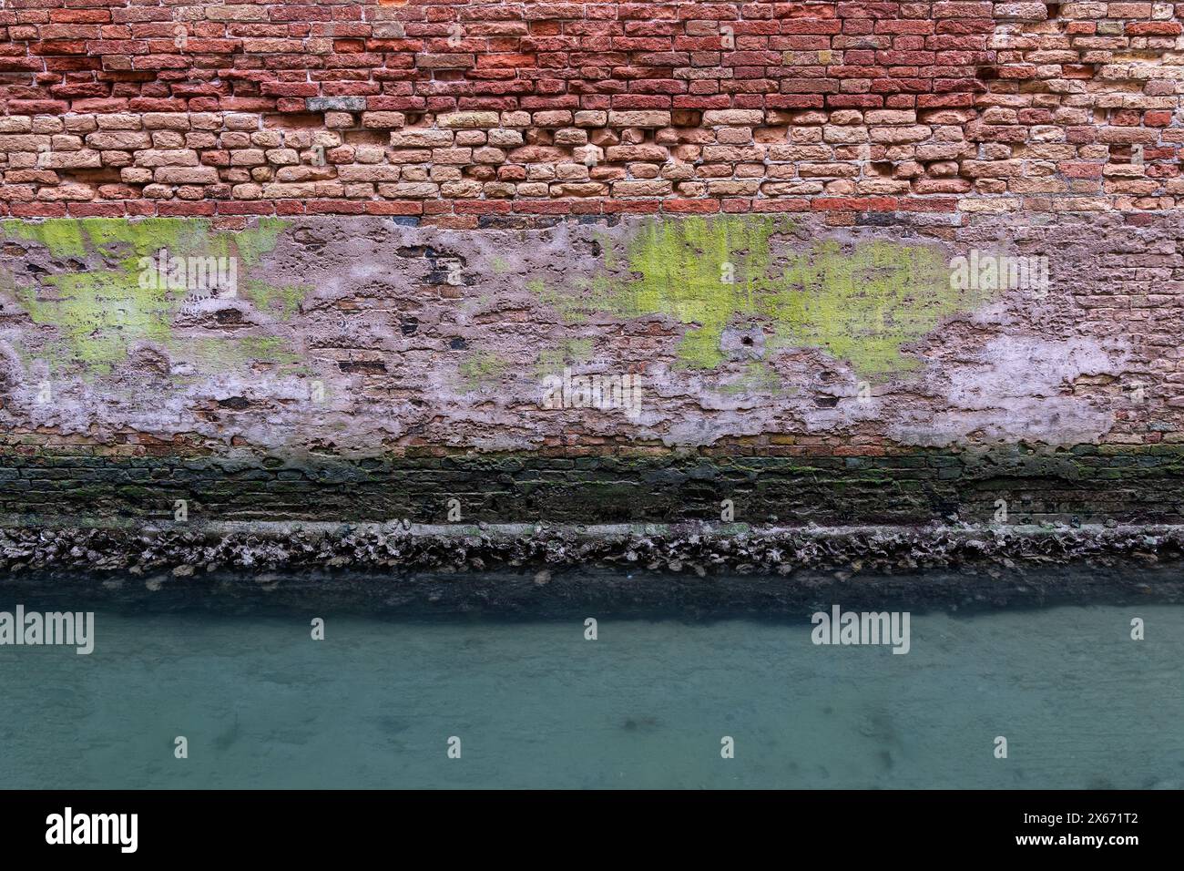 Vieux fond de mur altéré au canal à Venise, Italie, grunge ressemblant à la structure en briques avec le plâtre pelable, la mousse et les moules au bord de l'eau. Banque D'Images