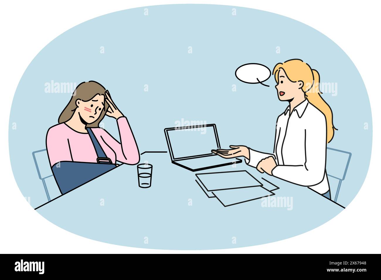 Une femme en détresse, assis à un bureau dans un centre de sécurité sociale, demande une indemnisation. Une femme blessée malheureuse demande une réclamation d'argent dans une agence d'assurance. Illustration vectorielle. Illustration de Vecteur