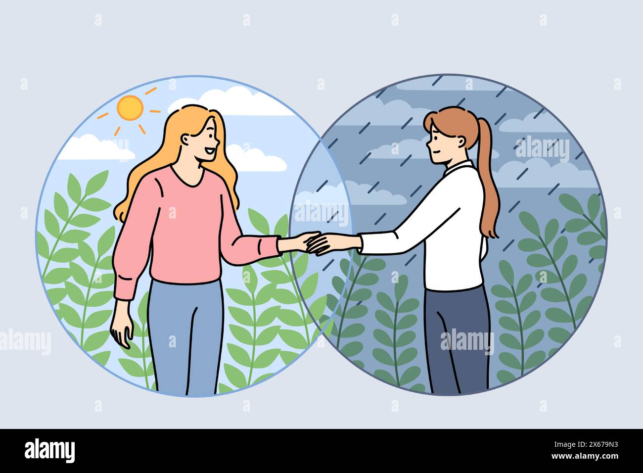Femme aide l'ami à se débarrasser de la dépression en étendant la main à la fille debout sous la pluie et invitant à l'endroit ensoleillé. Aide et entraide entre les personnes manifestées par l'empathie et la complaisance Illustration de Vecteur