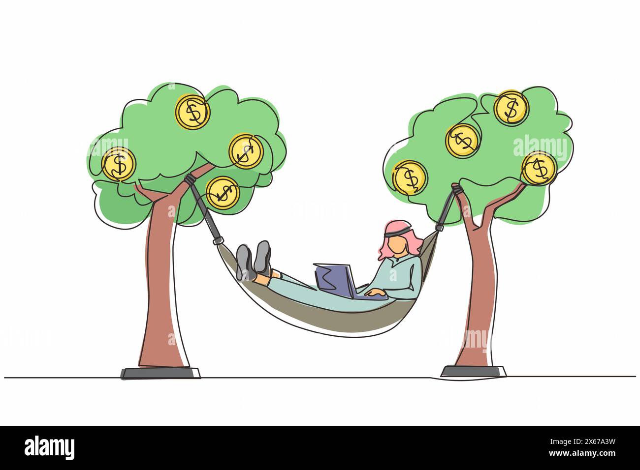 Simple une ligne dessinant riche homme d'affaires arabe tapant avec ordinateur portable dans un hamac attaché sur l'arbre d'argent avec des pièces de dollar. Réalisez des bénéfices ou des dividendes à partir d'inve Illustration de Vecteur
