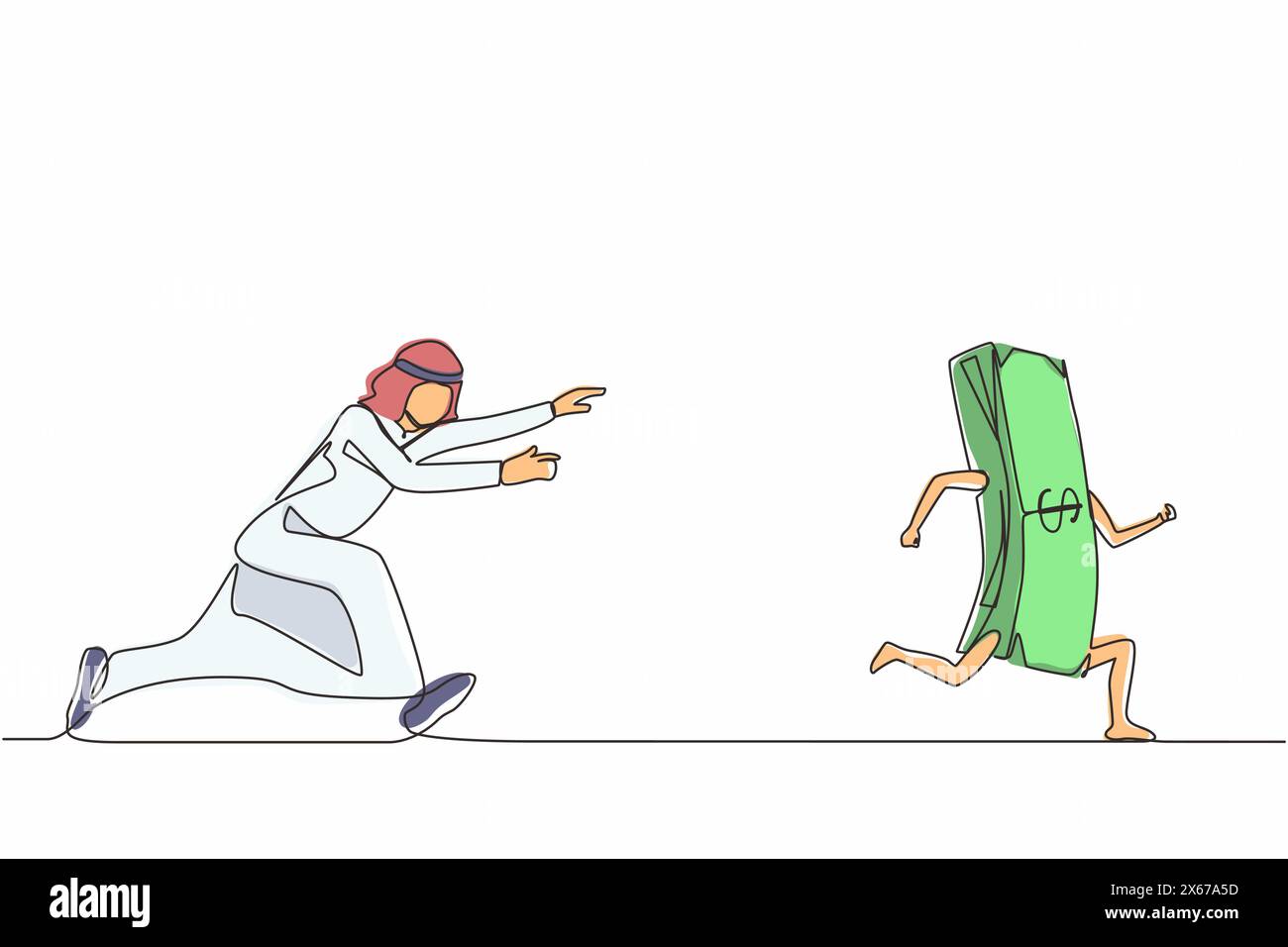 Continu d'une ligne dessinant homme d'affaires arabe ou gestionnaire courir et chasser après l'argent fui. Concept d'obsession d'argent, impatient, avide. Si Illustration de Vecteur