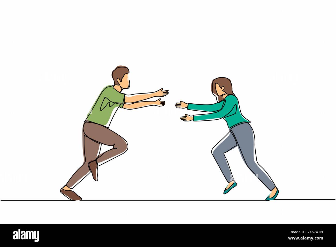 Continu une ligne dessinant heureux homme et femme courir pour se rencontrer. La femme veut embrasser un ami masculin. Couple heureux. Rencontre d'amis, Love con Illustration de Vecteur
