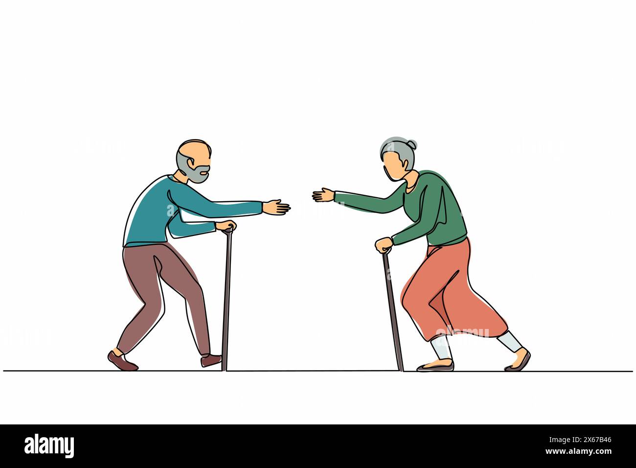 Ligne continue unique dessinant femme senior courant dans les câlins à l'homme. Les personnes âgées courent les unes vers les autres. Heureux grand-père et grand-mère rencontrant af Illustration de Vecteur