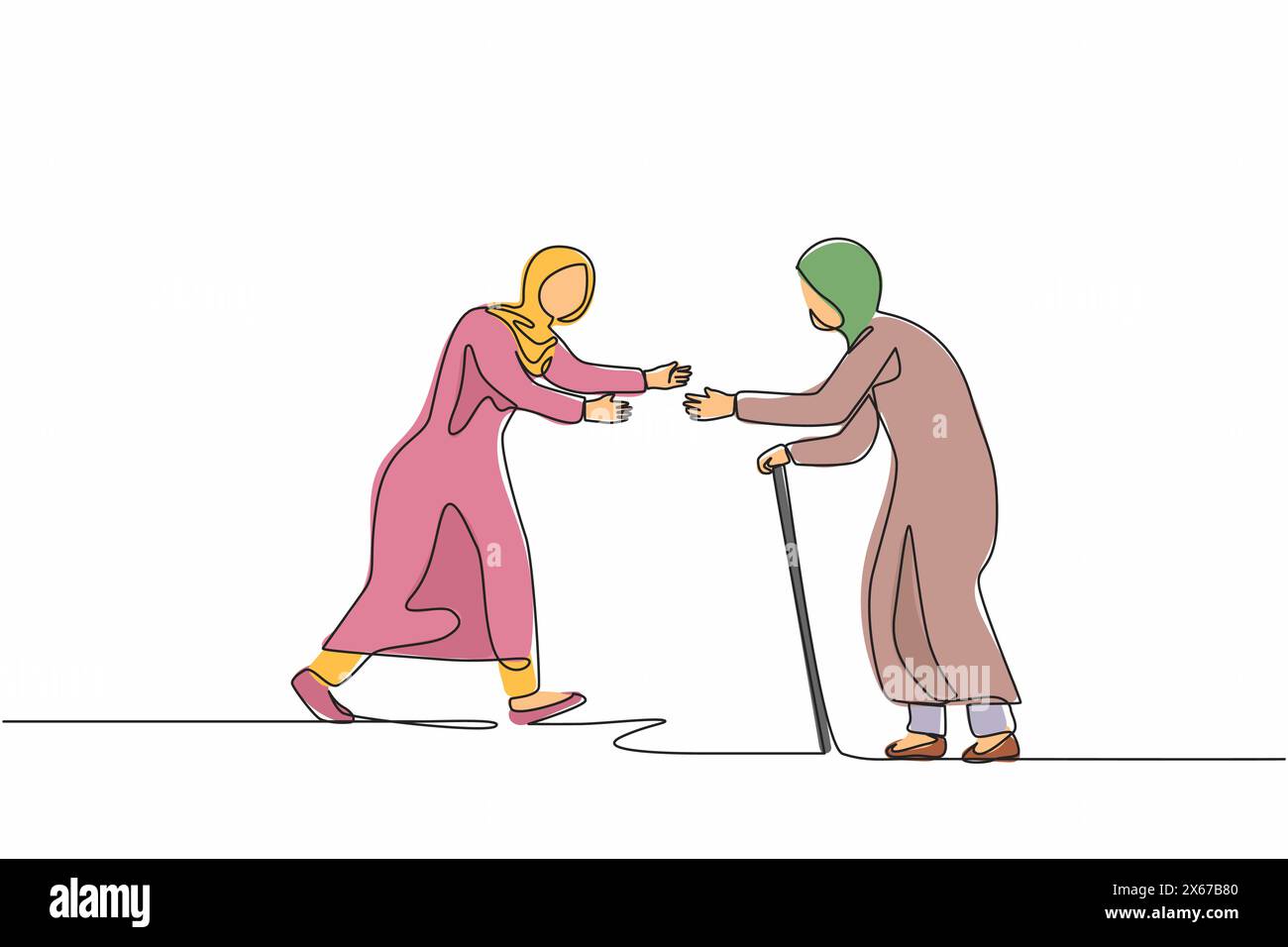 Continue d'une ligne dessinant femme arabe heureuse courant pour rencontrer grand-mère. Vacances à la maison des grands-parents. Mère, femme âgée, retraitée, été Illustration de Vecteur