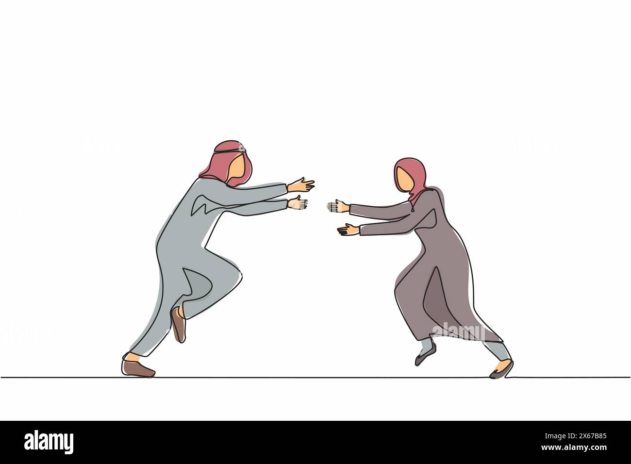 Une seule ligne continue dessinant un homme arabe heureux et une femme courent pour se rencontrer. La femme veut embrasser un ami masculin. Couple heureux. Rencontre d'amis, Illustration de Vecteur