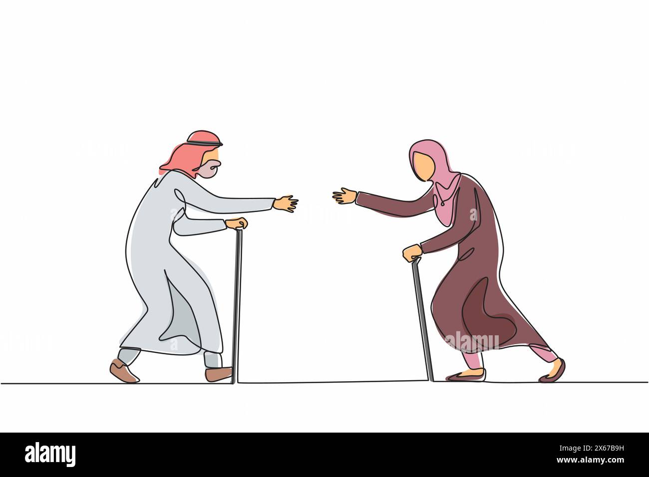 Simple une ligne dessinant femme senior courant dans les câlins à l'homme. Les personnes âgées courent les unes vers les autres. Heureux grand-père arabe et grand-mère se réunissant au loin Illustration de Vecteur