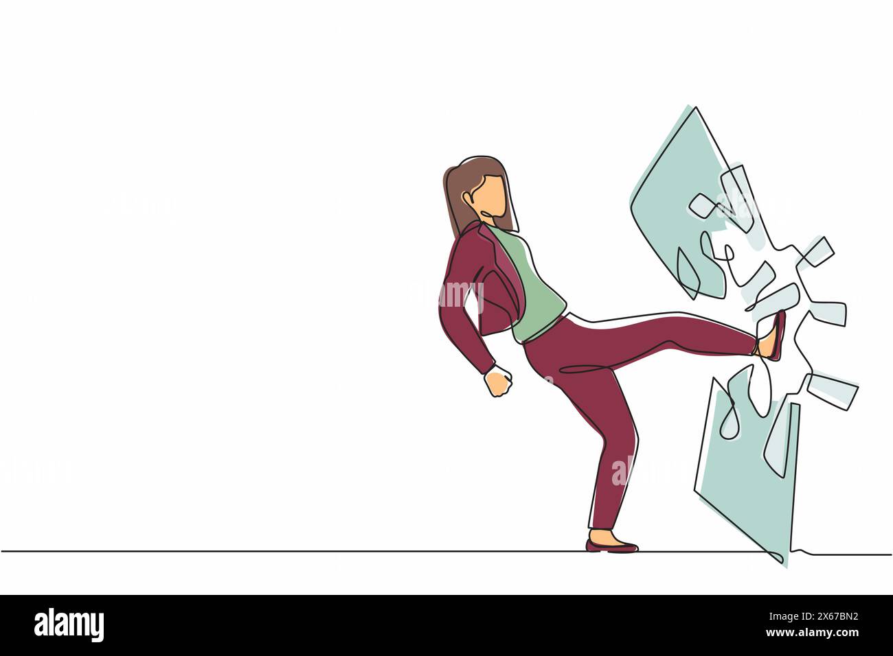 Une femme d'affaires dessinant une ligne continue unique a donné un coup de pied au miroir et l'a brisé. Briser la barrière impossible. Motivation professionnelle, conception révolutionnaire Illustration de Vecteur