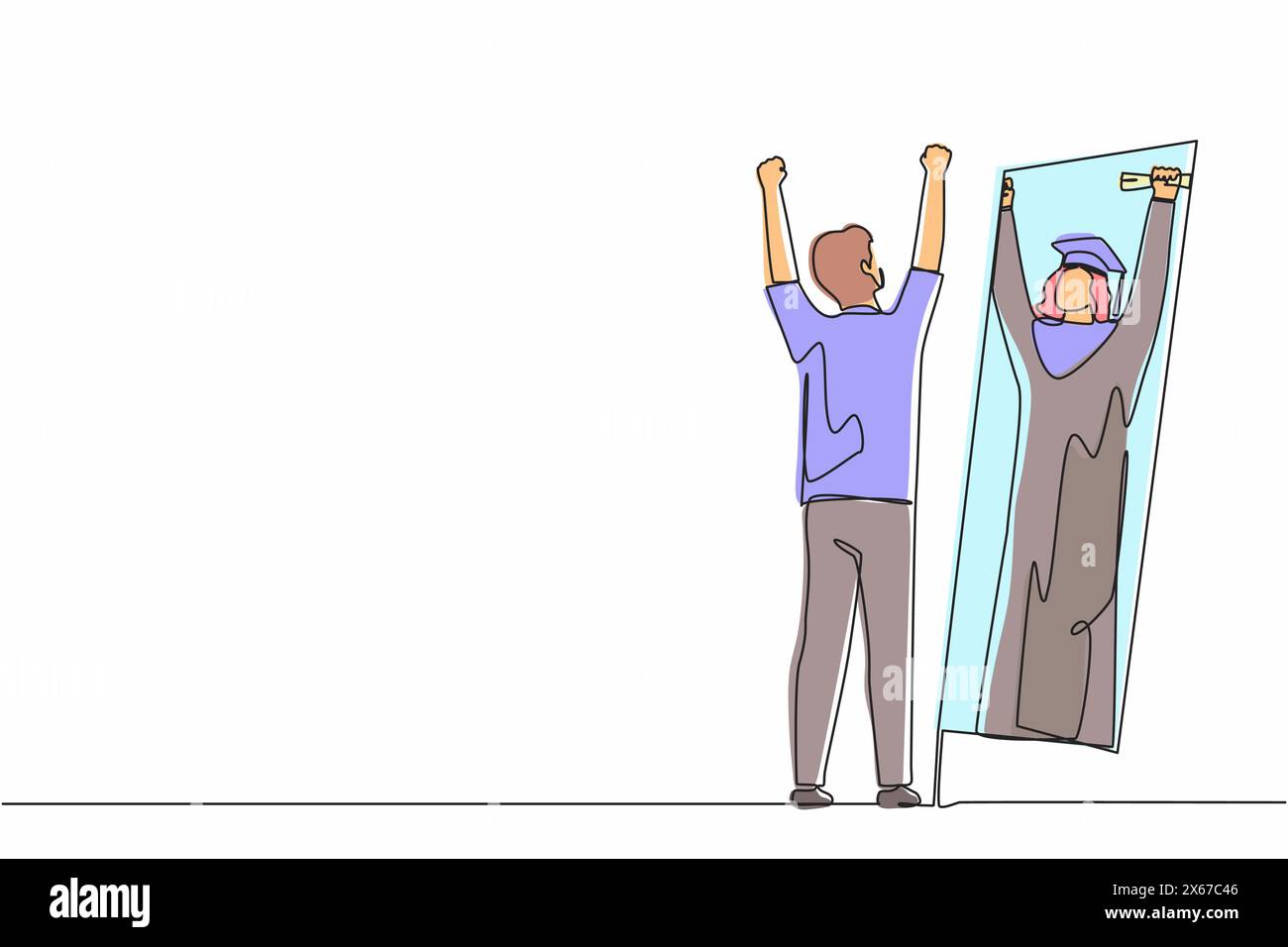 Simple ligne continue dessinant homme d'affaires arabe debout devant le miroir regardant son reflet, imaginez-vous étudiant diplômé avec diplôme Illustration de Vecteur