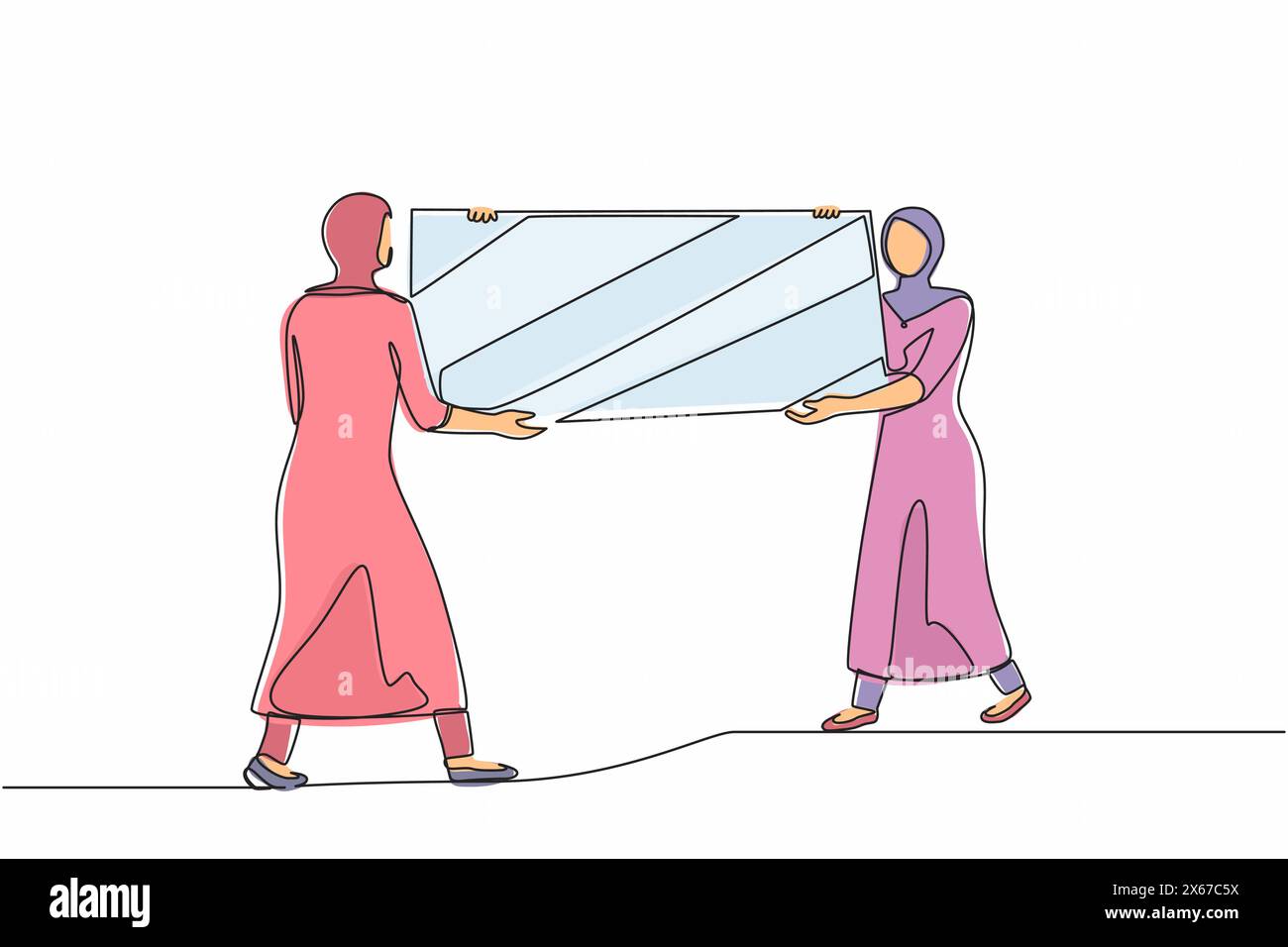 Chargeuses femelles à dessin simple d'une ligne transportant un grand miroir vers un nouveau bureau. Deux femmes d'affaires arabes avec des meubles dans le hall du bâtiment. Passage à un nouvel apa Illustration de Vecteur