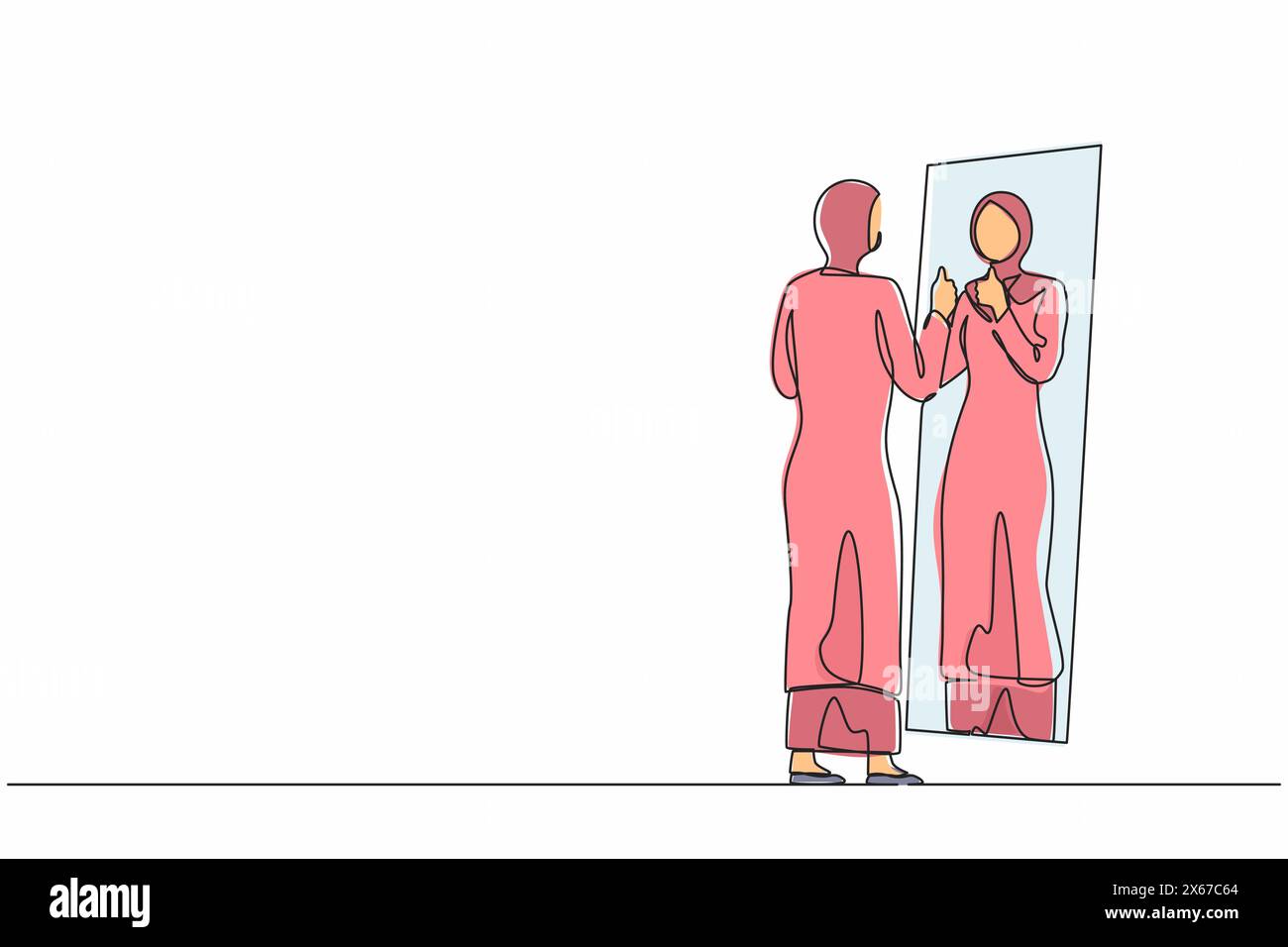 Une seule ligne continue dessinant une femme d'affaires arabe aime regarder son reflet dans le miroir avec les pouces vers le haut pose. Femme en miroir, égoïste, attirante Illustration de Vecteur