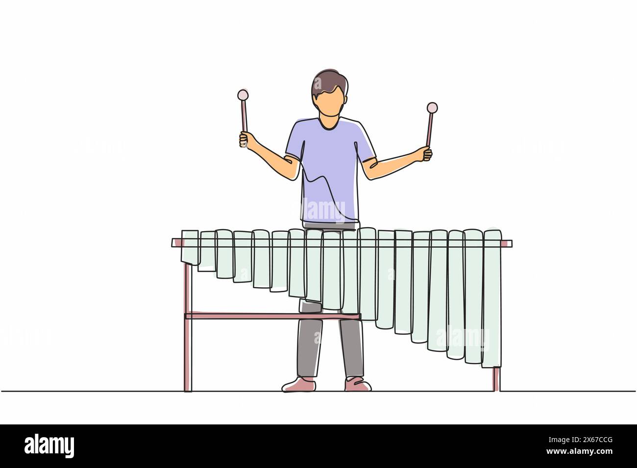 Continu une ligne dessinant homme joueur de percussion jouer marimba. Jeune musicien masculin jouant un instrument marimba mexicain traditionnel au festival de musique. Illustration de Vecteur