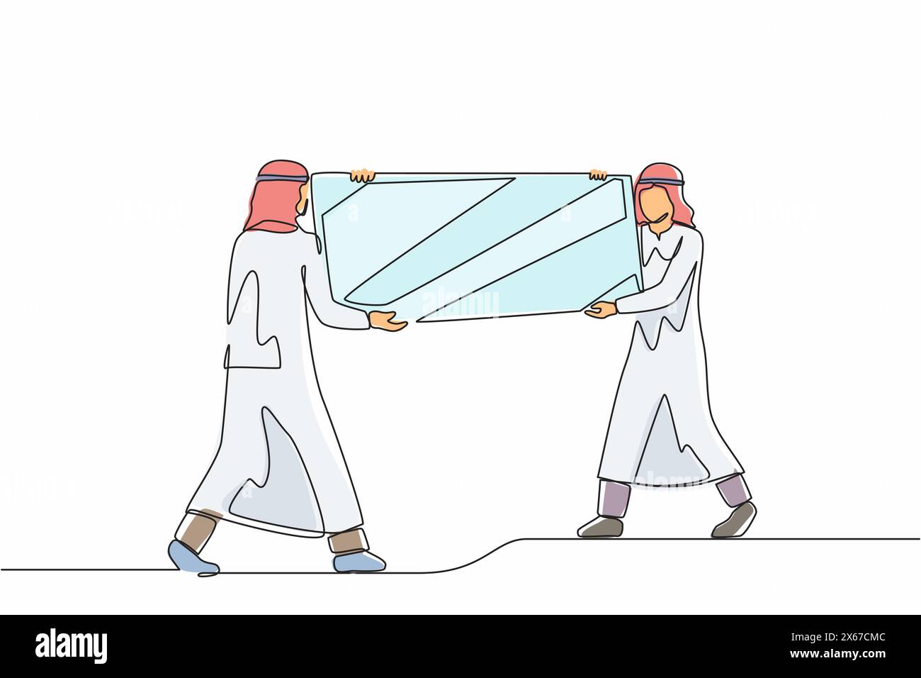 Chargeurs mâles à dessin d'une seule ligne transportant un grand miroir vers le nouveau bureau. Deux hommes d'affaires arabes avec des meubles dans le hall du bâtiment. Déménagement dans un nouvel appartement. Illustration de Vecteur