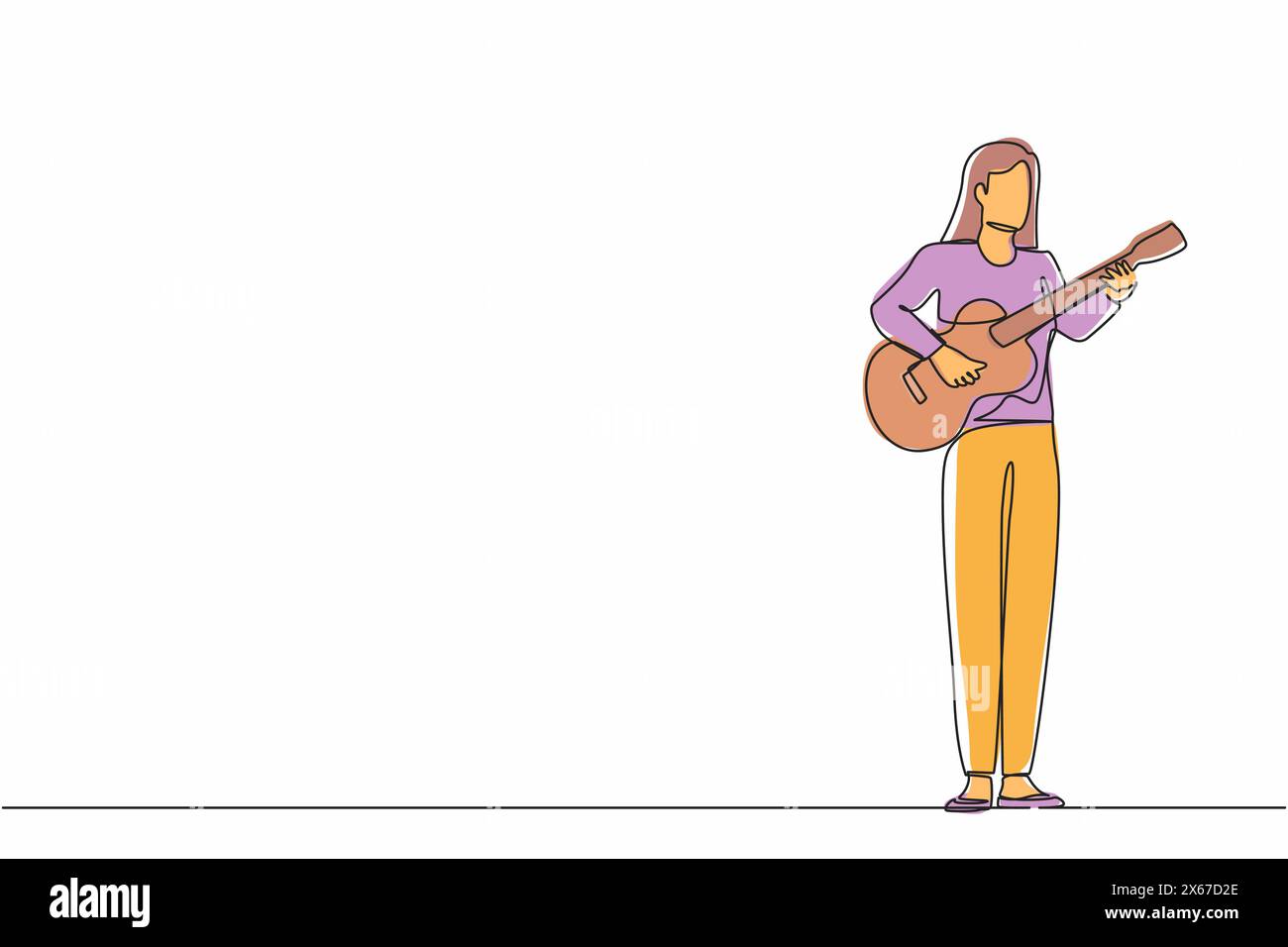 Continu d'une ligne dessinant jeune femme jouant de la guitare acoustique. Adolescente musicienne jouant des cordes lors d'une performance musicale. Musicien professionnel. Illustration de Vecteur