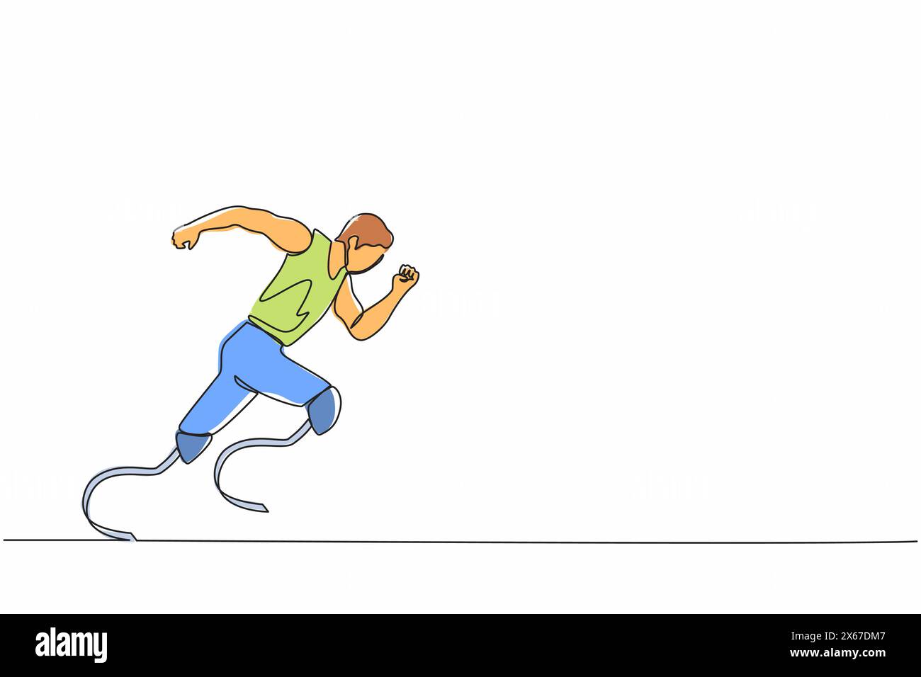 Une seule ligne continue dessinant un athlète handicapé court sur prothèses. Les hommes handicapés courent. Sportif handicapé amputé du pied. Sport handicapé, disa Illustration de Vecteur