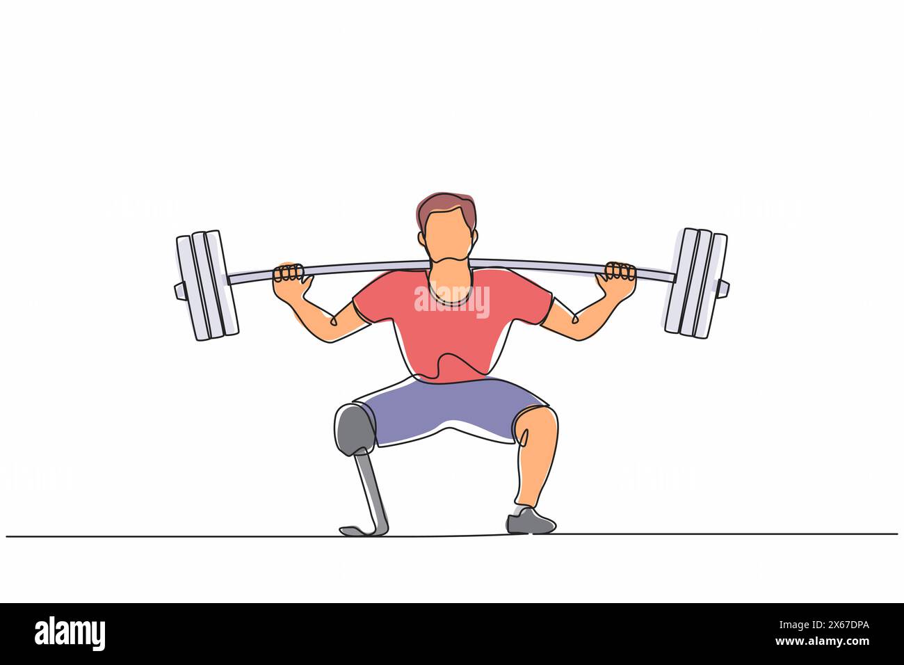 Une seule ligne dessinant un haltérophile pour homme handicapé avec des jambes amputées. Entraînement athlétique d'haltérophilie avec des muscles barbell sport strongman Beautiful b Illustration de Vecteur