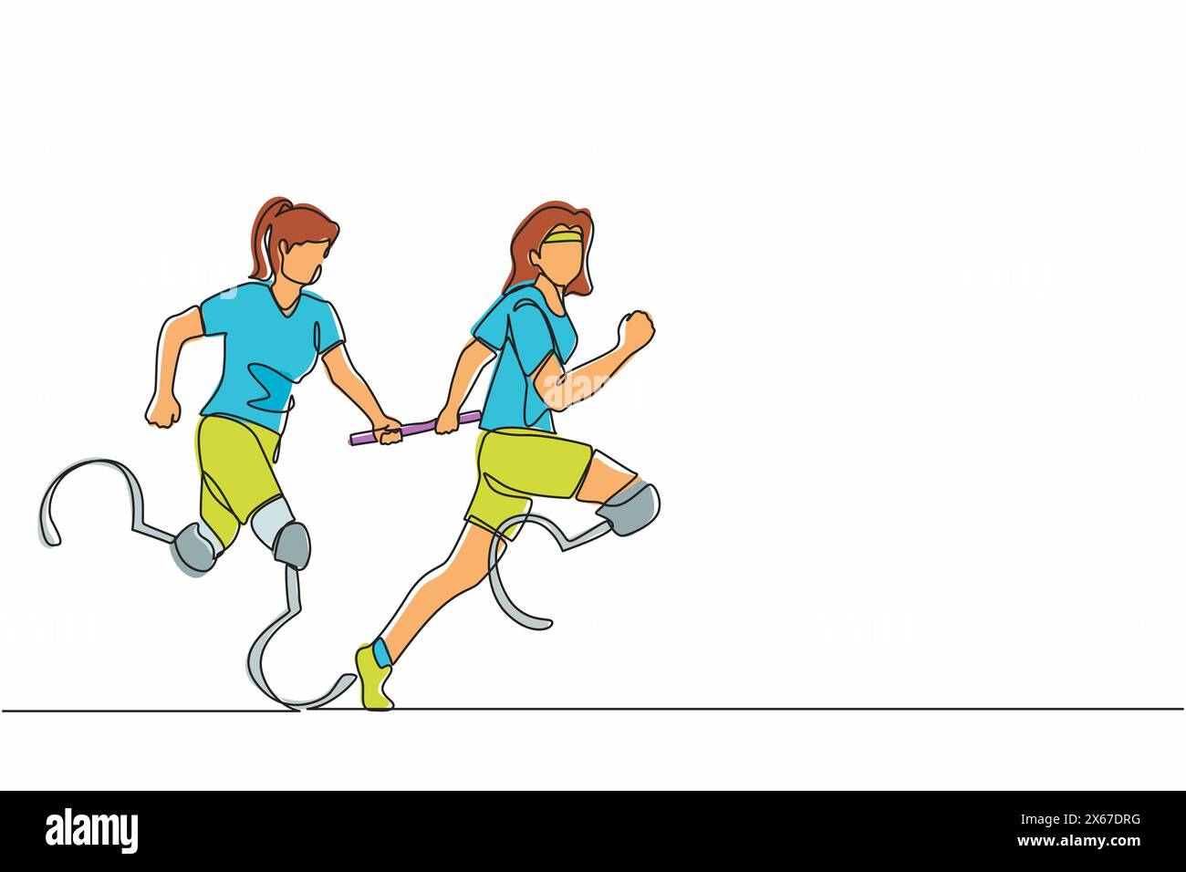 Ligne continue unique dessinant deux coureurs handicapés avec jambe prothétique, femmes handicapées, athlètes amputés, amputés courant dans la course de relais handing ove Illustration de Vecteur