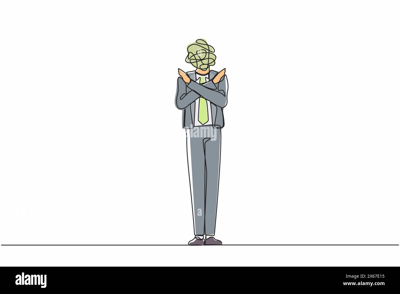 Continu d'une ligne dessinant homme d'affaires avec des griffonnages ronds au lieu d'une tête. Homme aux bras croisés. Geste croisé les mains. Symbole d'arrêt. Rejet s Illustration de Vecteur