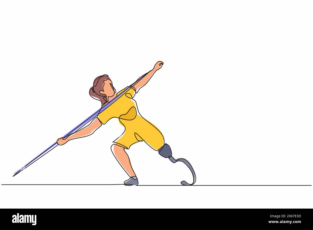 Une ligne continue dessinant une lance d'athlète handicapé avec prothèse de jambe. Sportif handicapé avec un pied amputé. Sport handicapé, handicap Illustration de Vecteur