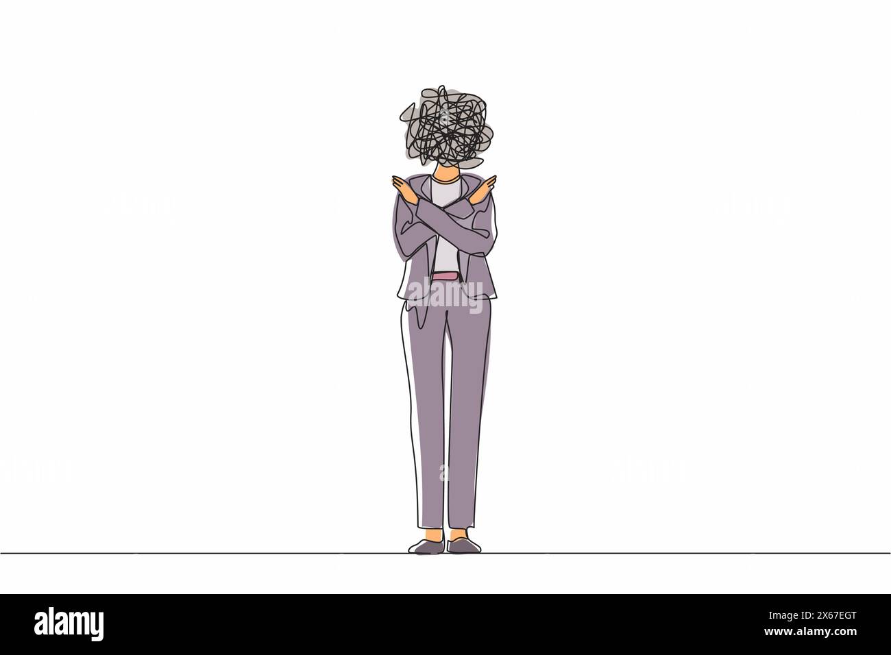 Continue d'une ligne dessinant femme d'affaires avec des griffonnages ronds au lieu d'une tête. Femme aux bras croisés. Geste croisé les mains. Symbole d'arrêt. Rejecti Illustration de Vecteur