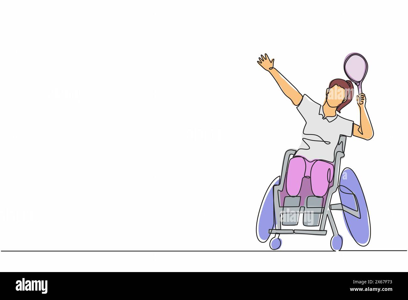 Joueur de badminton dessinant une seule ligne assis sur un fauteuil roulant avec une posture smash. Les femmes sportives handicapées portent un uniforme, amputée femme sport compétition. Co Illustration de Vecteur