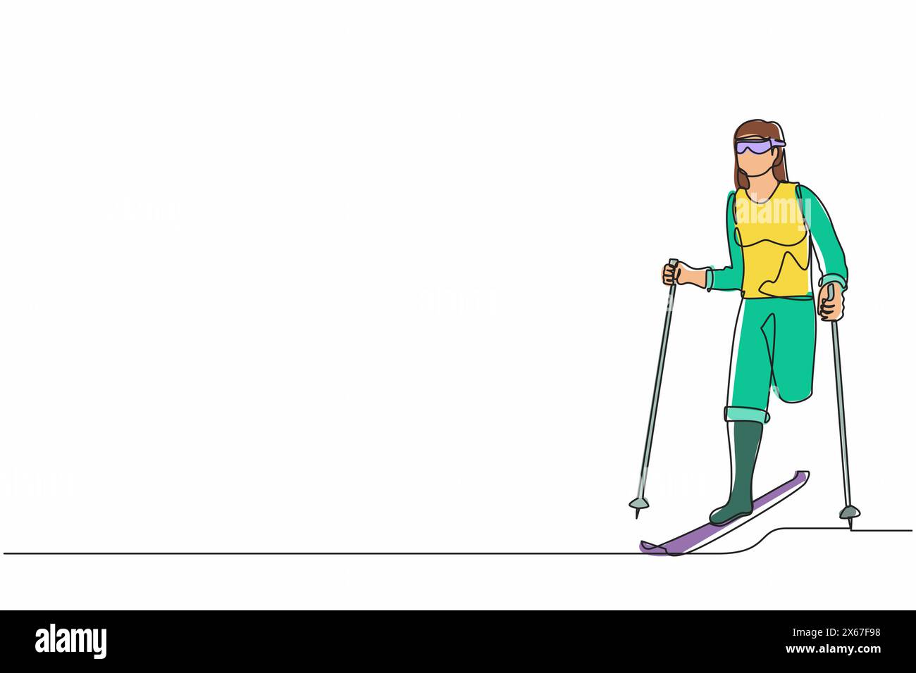 Ligne continue dessinant une femme skieuse athlète sans jambes skiant dans la neige. sportive avec des skis et des bâtons dans des lunettes en hiver. Sport, tournoi. Illustration de Vecteur