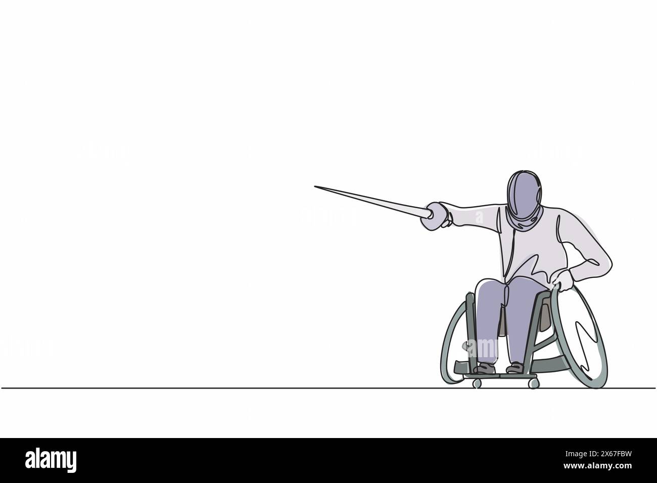 Ligne continue unique dessinant une clôture handicapée jeune homme dans un fauteuil roulant. Épéiste handicapé avec rapière. Concept pour le sport, les jeux d'été, la récupération Illustration de Vecteur