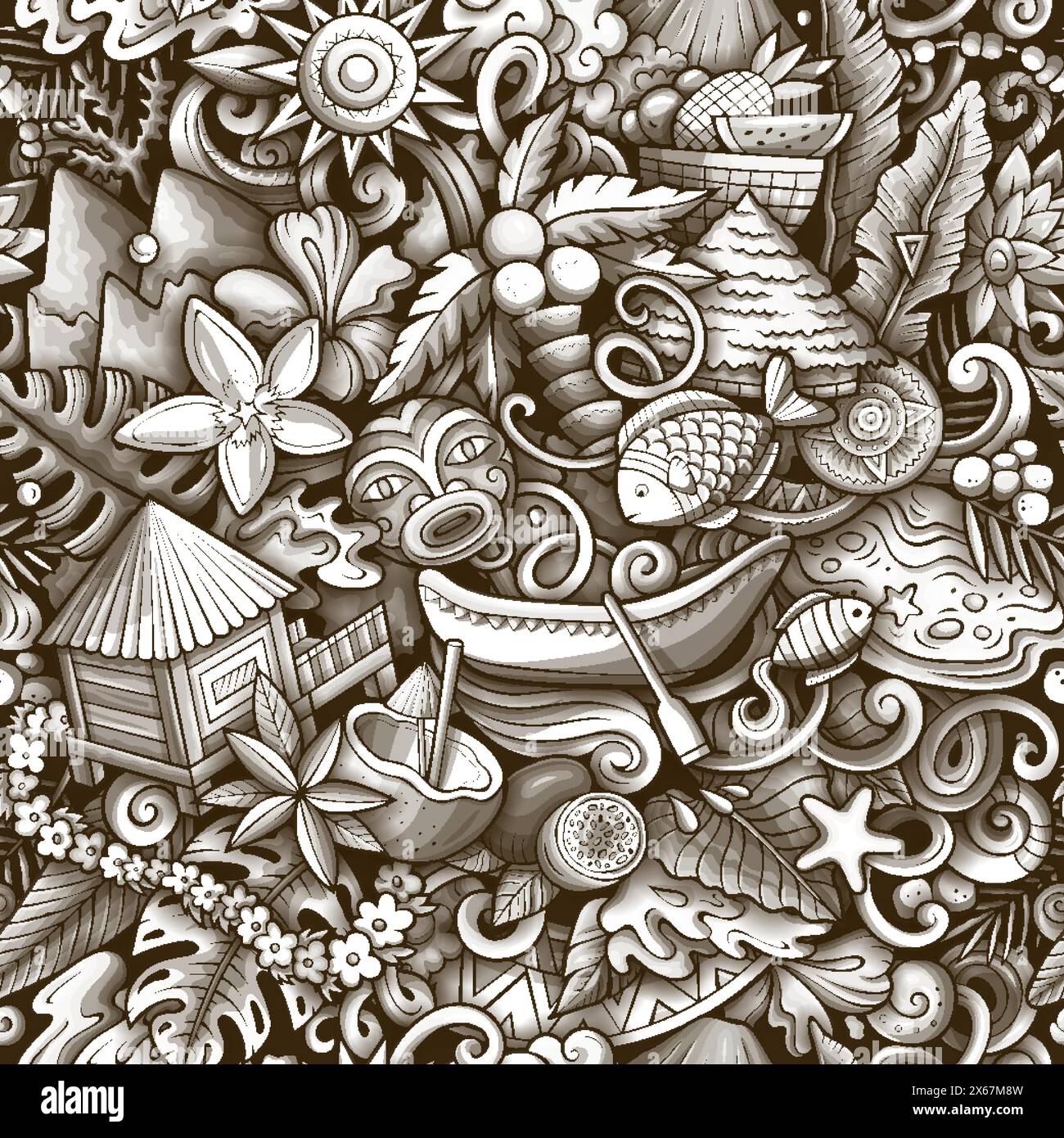 Dessin animé doodles Tahiti Island motif sans couture Illustration de Vecteur