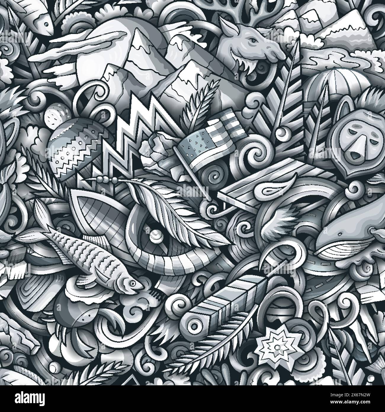 Dessin animé Doodles Alaska Seamless pattern. Illustration de Vecteur