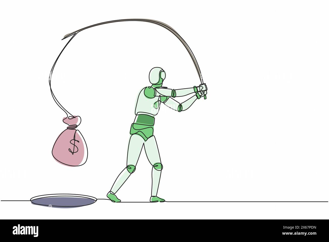 Le robot de dessin continu d'une ligne tenant la canne à pêche a obtenu le grand sac d'argent du trou. Organisme cybernétique robot humanoïde. Développement futur de la robotique. Si Illustration de Vecteur
