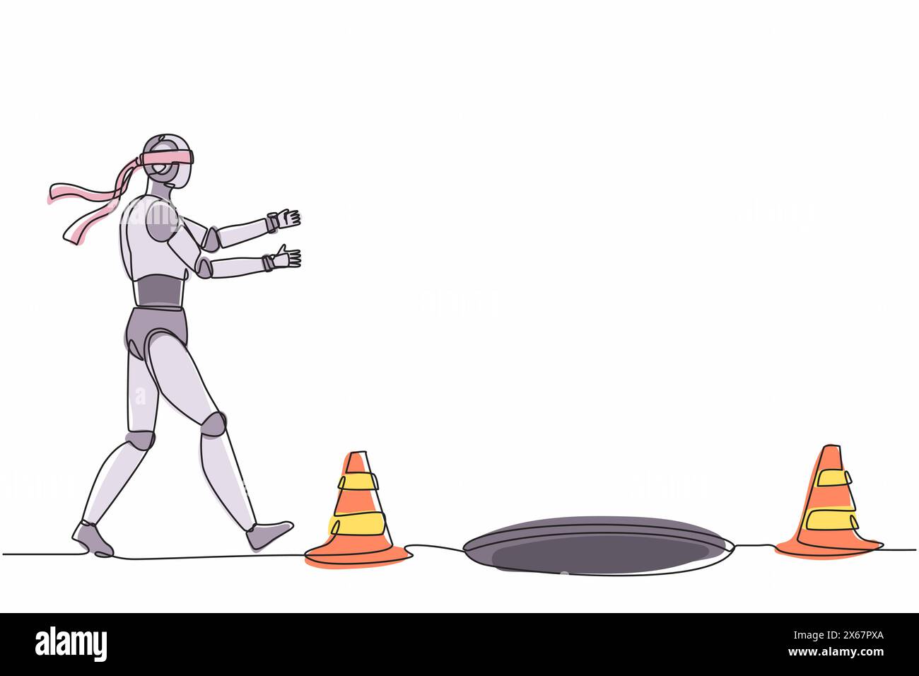 Robot de dessin continu à une ligne se dirige vers le piège de l'entreprise. Investissement aveugle. Organisme cybernétique robot humanoïde. Futur concept de développement robotique. Si Illustration de Vecteur