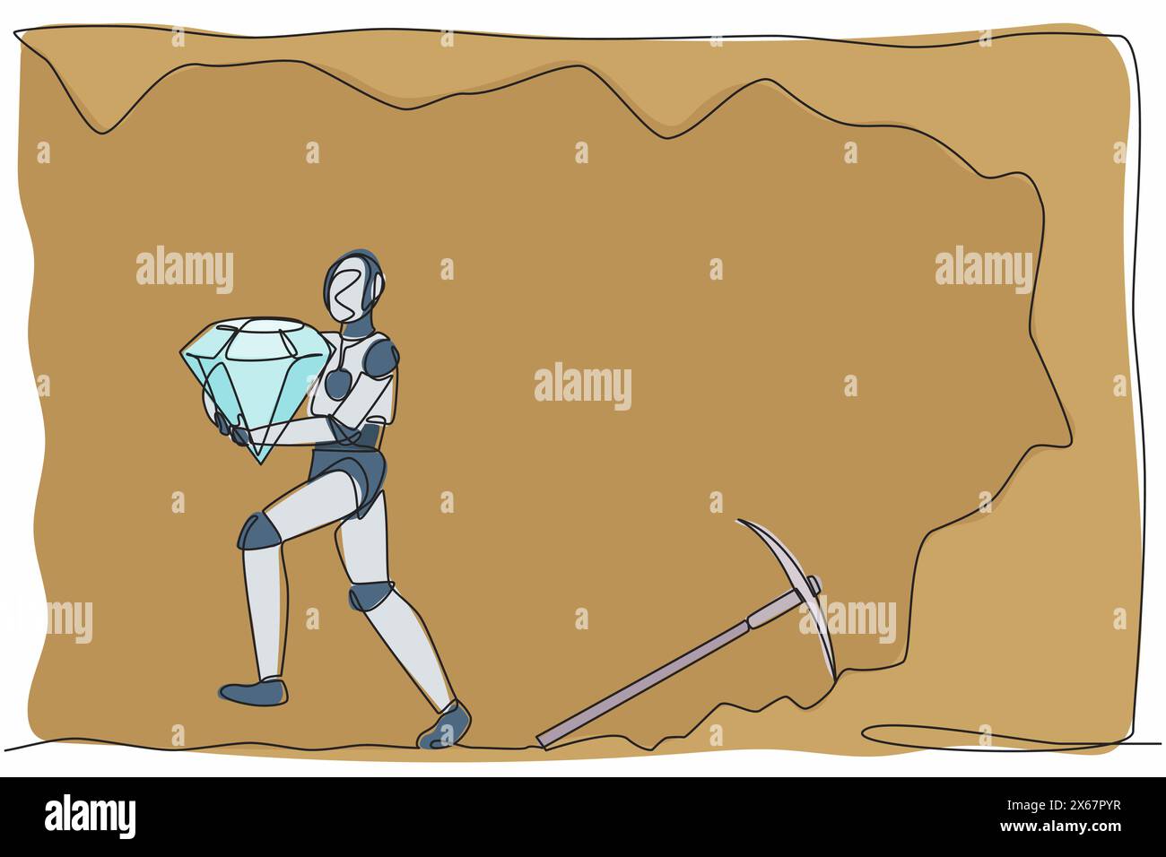 Robot dessinant une ligne unique portant un gros diamant du sous-sol. Développement technologique futur. Intelligence artificielle et apprentissage automatique. Conti Illustration de Vecteur