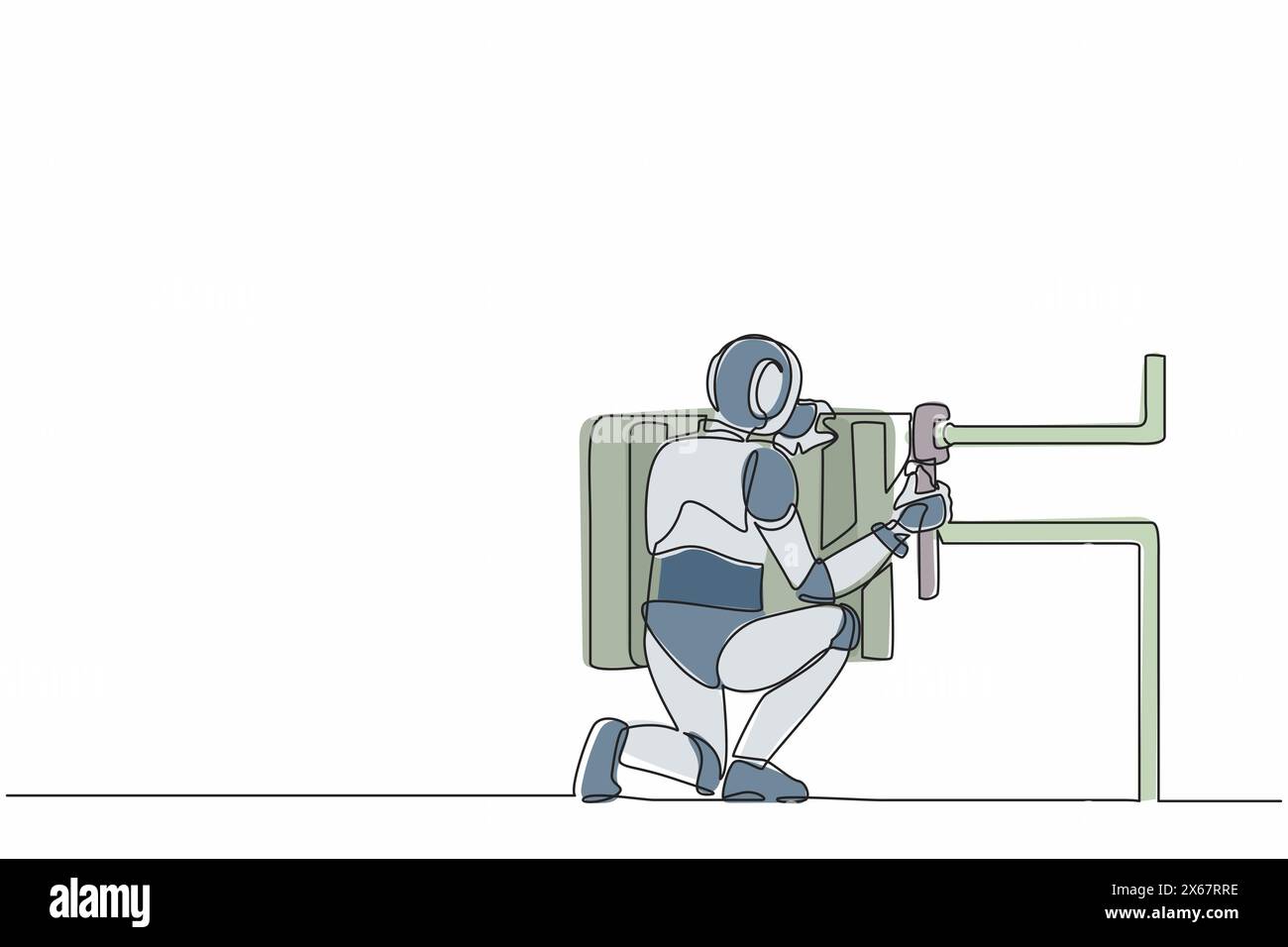 Plombier de robot de dessin continu à une ligne réparation et installation de radiateur de chauffage de batteries. Organisme cybernétique robot humanoïde. Robotique du futur. Illustration de Vecteur