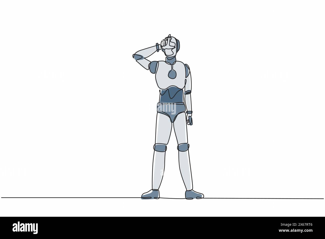 Robot de dessin continu d'une ligne faisant le symbole « l », montrant le signe du perdant sur le front avec les doigts. Organisme cybernétique robot humanoïde. Robotique du futur. Illustration de Vecteur