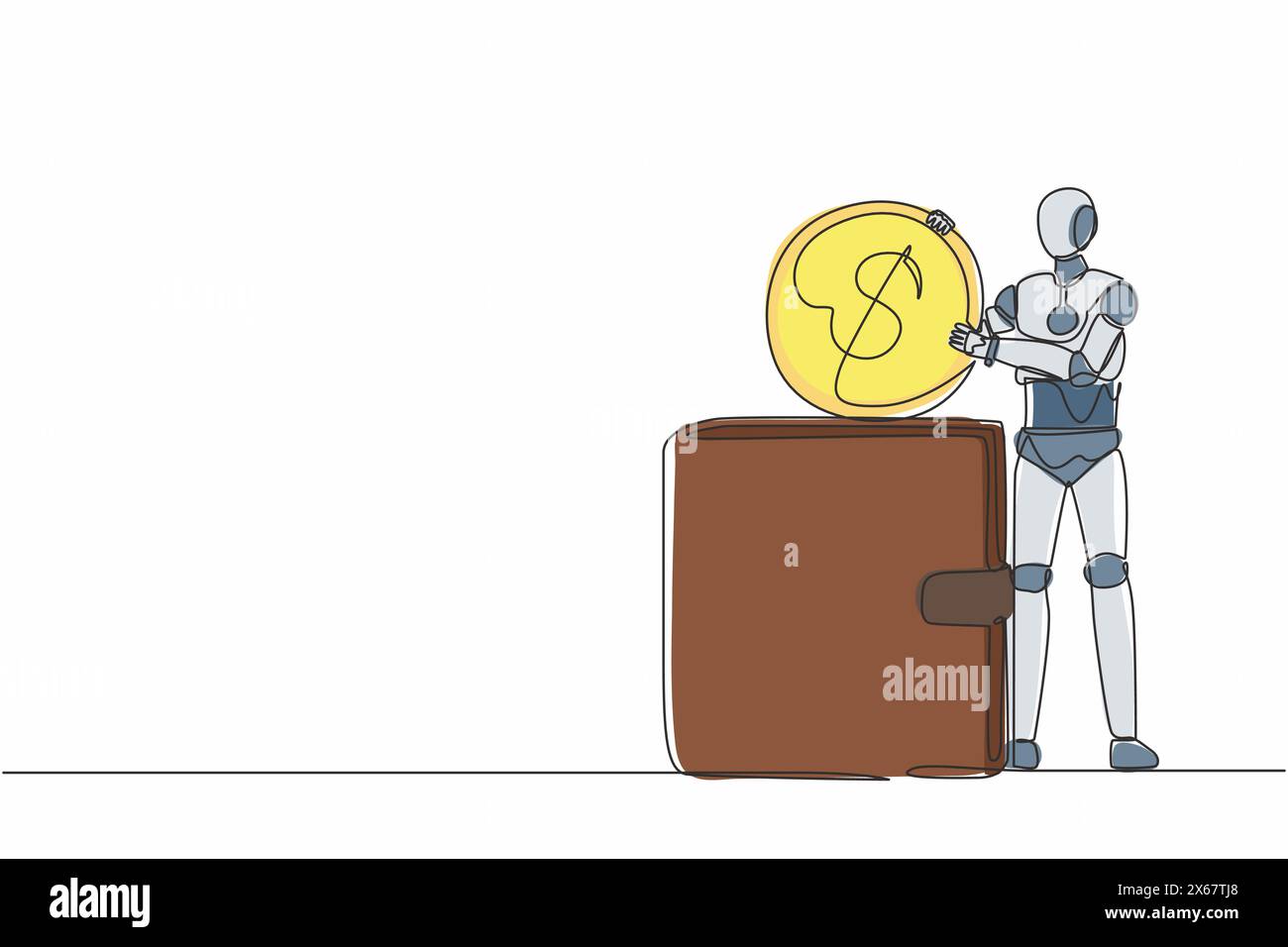 Robot de dessin continu à une ligne mettant une pièce de monnaie d'un dollar dans un grand portefeuille. Organisme cybernétique robot humanoïde. Futur concept de développement robotique. Simple Illustration de Vecteur