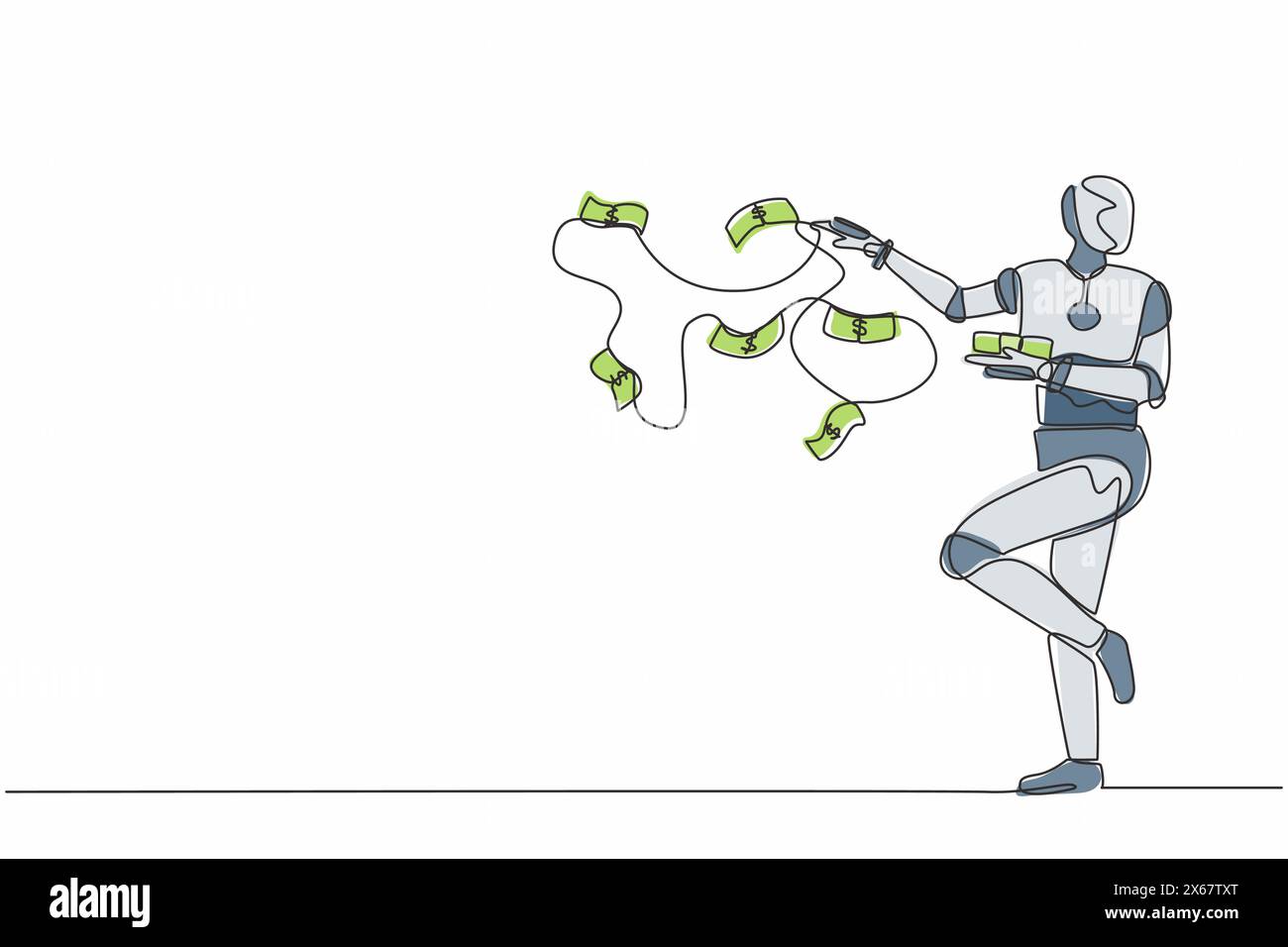 Robot de dessin continu à une ligne jetant des piles de billets de banque volants dans les airs. Organisme cybernétique robot humanoïde. Développement futur de la robotique Illustration de Vecteur