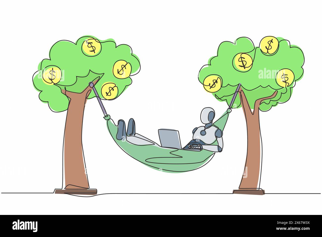 Simple ligne continue dessinant robot tapant avec ordinateur portable dans un hamac attaché sur l'arbre d'argent avec une pièce de dollar. Intelligence artificielle robotique. Électronique te Illustration de Vecteur