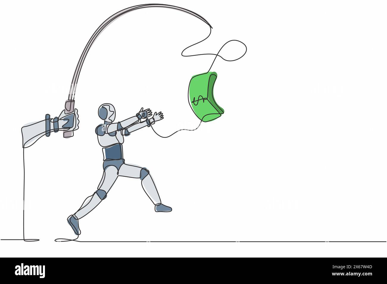 Main de dessin continue d'une ligne avec canne à pêche et robot gourmand de contrôle de caisse dollar. Organisme cybernétique robot humanoïde. Développement futur de la robotique Illustration de Vecteur