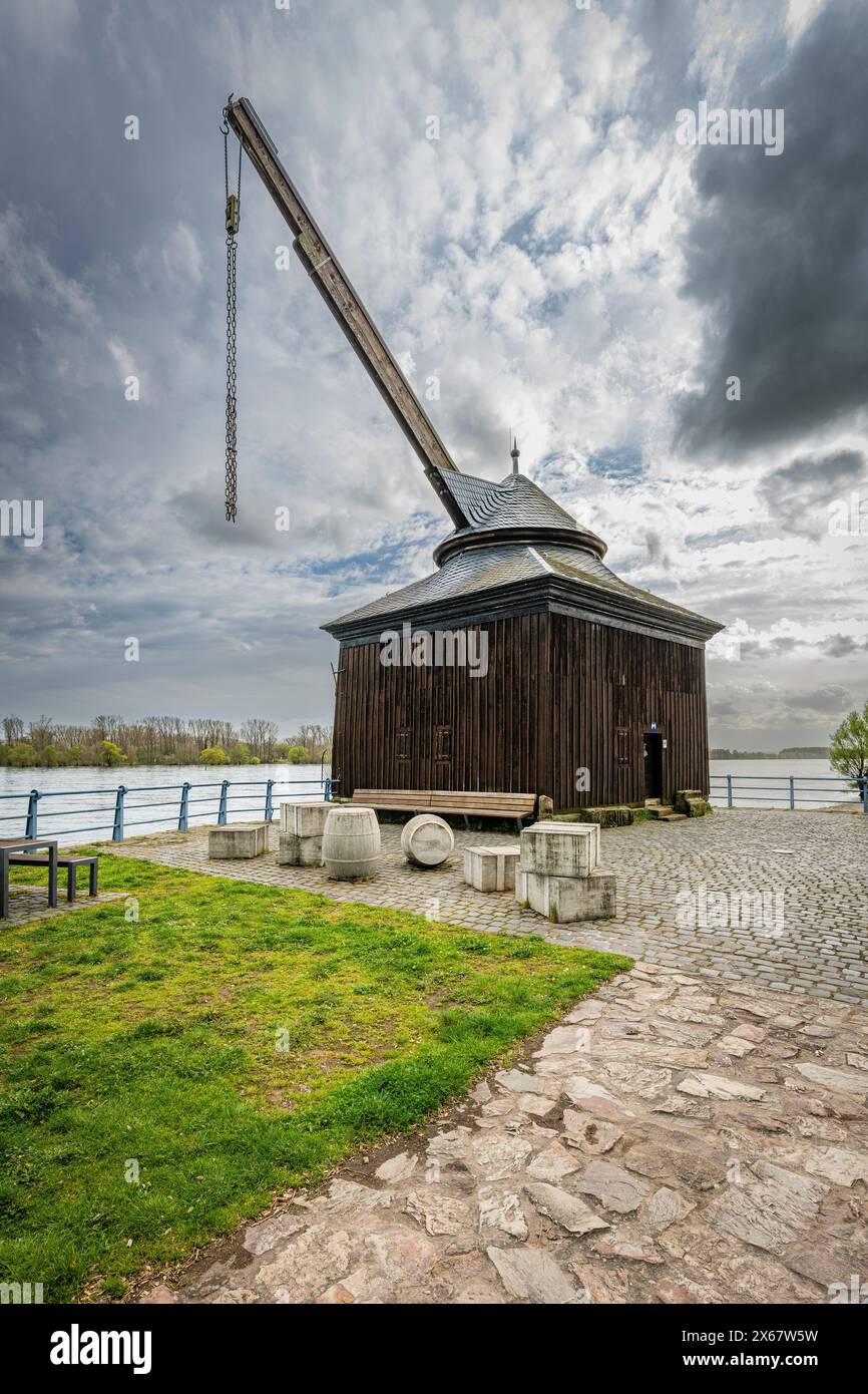 La grue historique de chargement de vin et de bois à Oestrich, Rheingau, était exploitée par des grues utilisant des roues à pied ou à pédales Banque D'Images