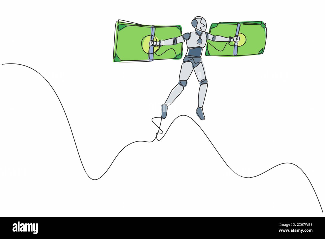 Robot dessinant une seule ligne volant sur des ailes d'argent. Liberté financière. Développement technologique futur. Intelligence artificielle et apprentissage automatique. C Illustration de Vecteur