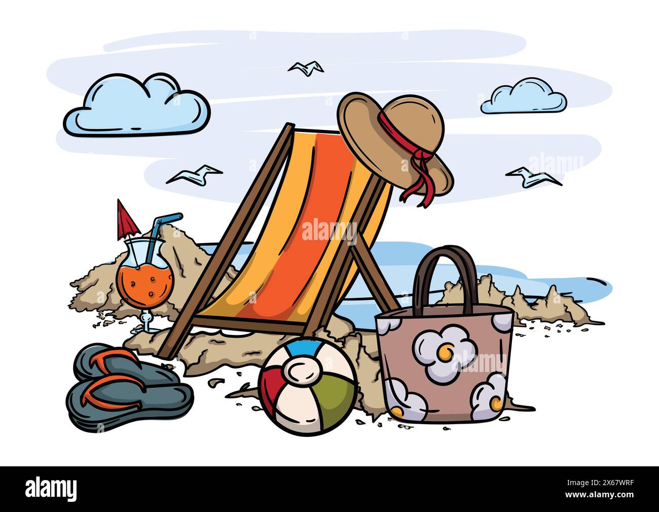 Vacances d'été et concept de tourisme. Illustration modifiable vectorielle lumineuse avec mer, plage, chaise et chapeau Illustration de Vecteur