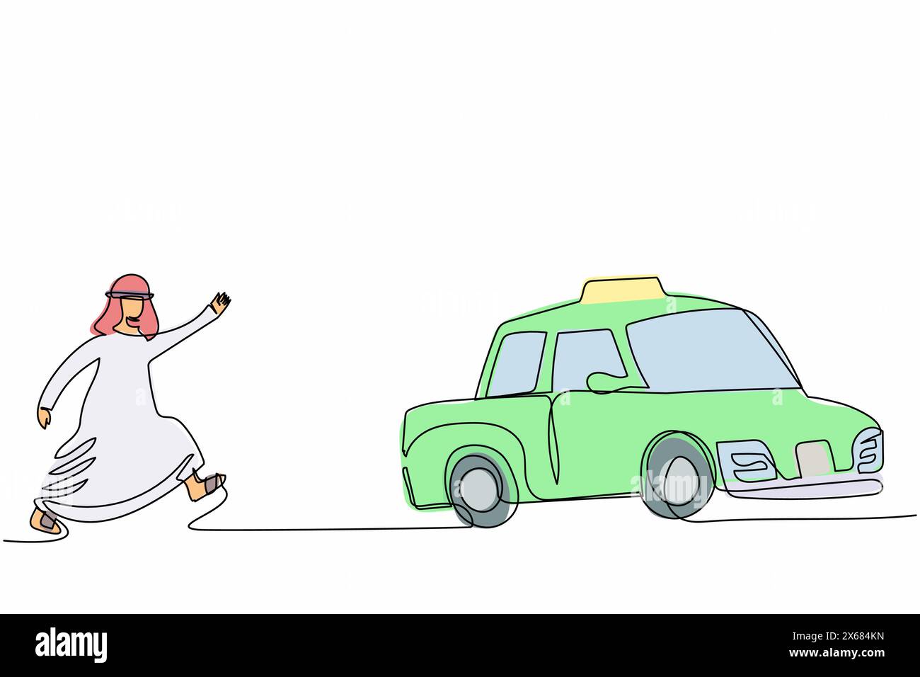 Continue d'une ligne dessinant homme d'affaires arabe courir après taxi. Directeur arabe pressé de courir pour obtenir une voiture, se déplacer avec grande hâte pour attraper pub Illustration de Vecteur