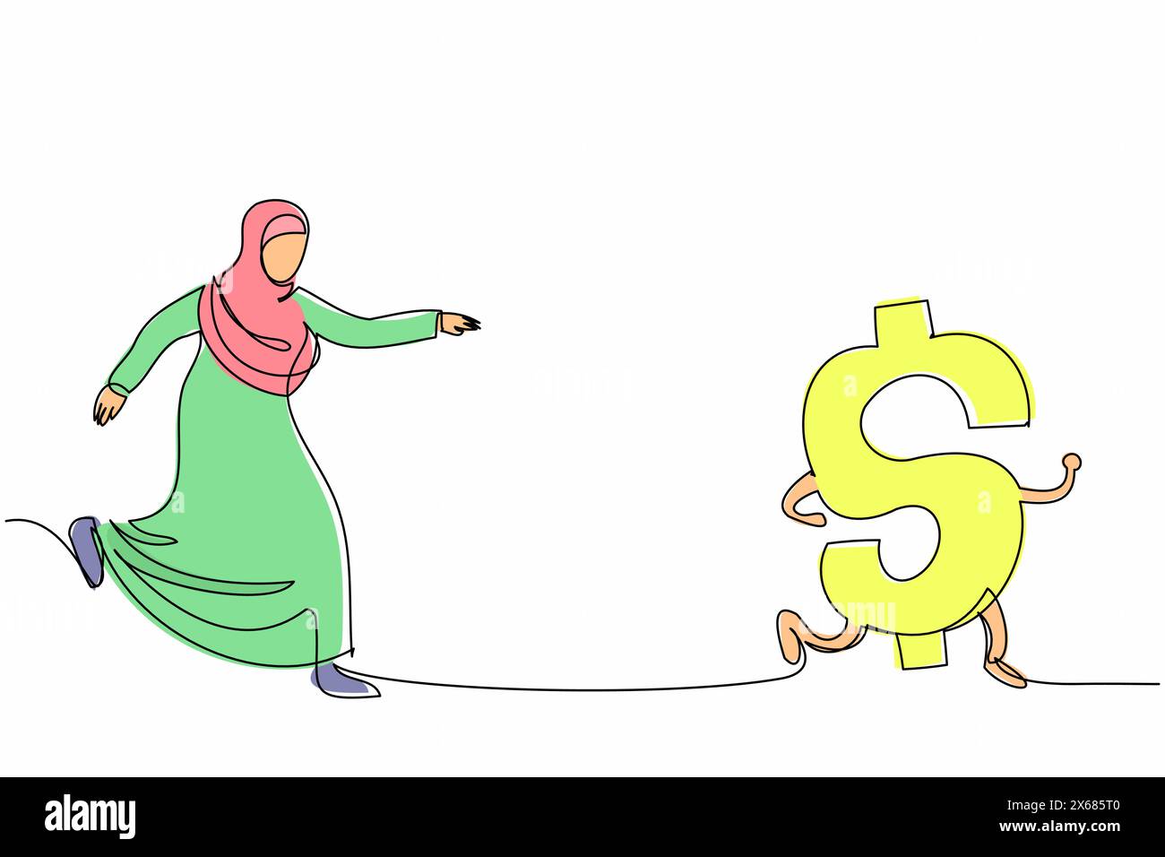 Ligne continue unique dessinant une femme d'affaires arabe chassant le symbole dollar. Une femme manager veut s'enrichir. Projet d'entreprise, argent d'épargne, richesse, inve Illustration de Vecteur
