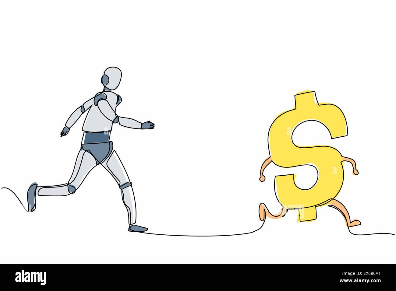 Robot dessinant une seule ligne continue chassant le symbole dollar. Investissement pour le développement technologique. Intelligence artificielle robotique. Technologie électronique dans Illustration de Vecteur